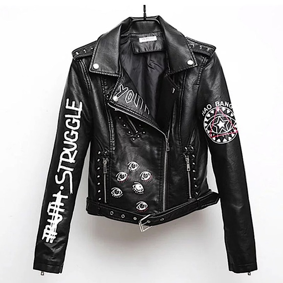 NWOT Black faux leather graffiti studded jacket - Picture 8 of 16